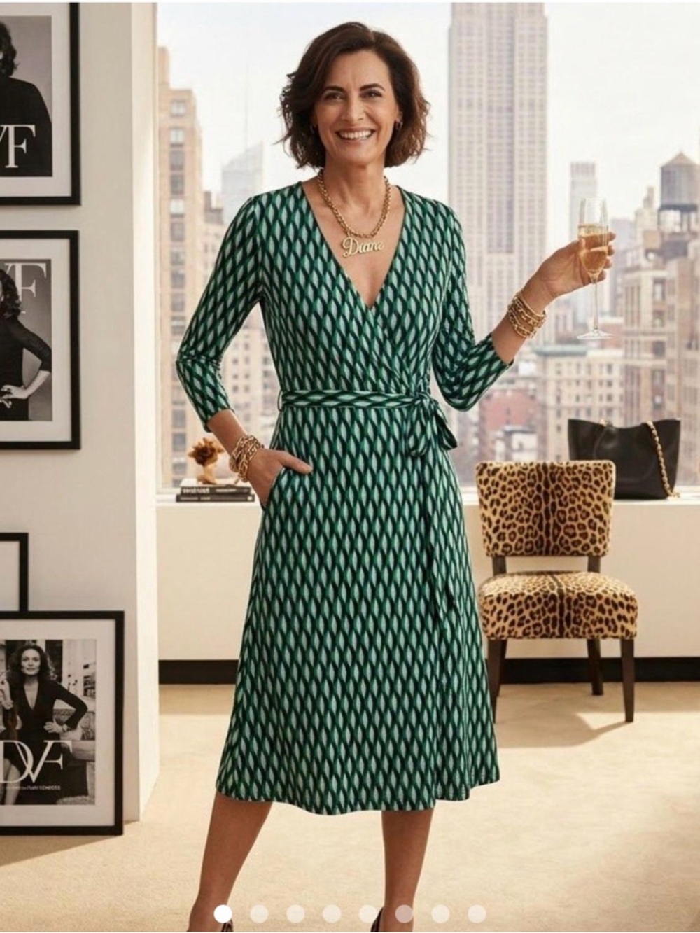 Diane Von Furstenberg Blue and Green Geometric Wrap Dress - Long Sleeve